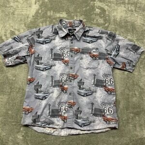 RedHead Mens XL Gray Shirt Classic Cars Route 66 Short Sleeve Button Down